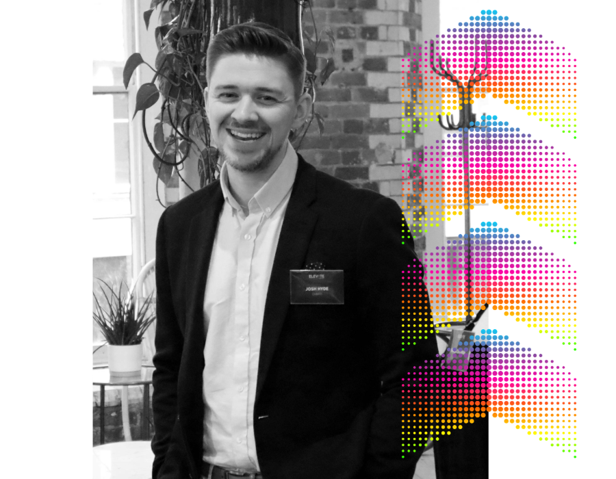 Image of Caraffi team member with rainbow arrow graphic (right)