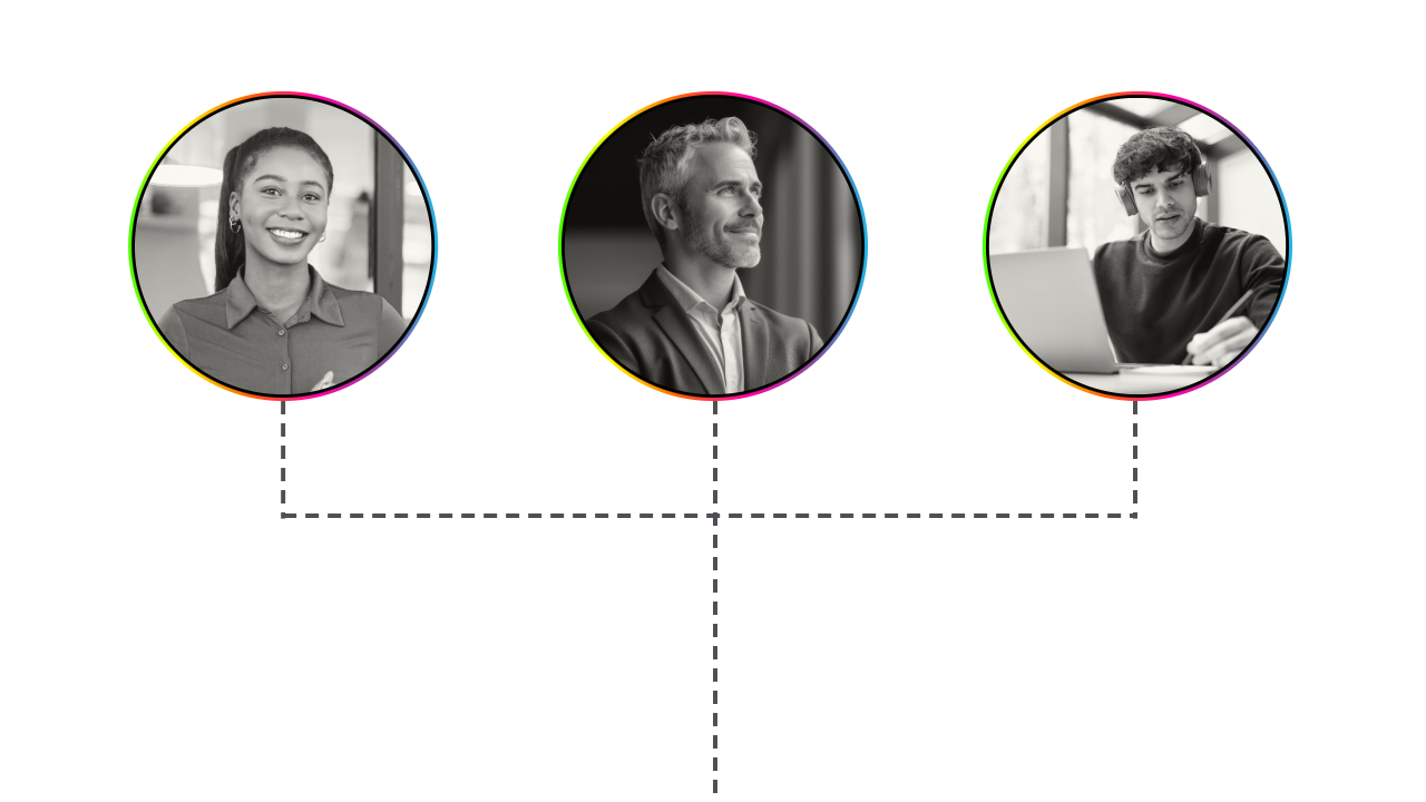 Three circles with portraits of professionals- young woman, man and younger man