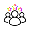 A team of three people with rainbow stars overhead