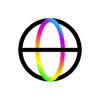 Simple line globe graphic with vertical rainbow line