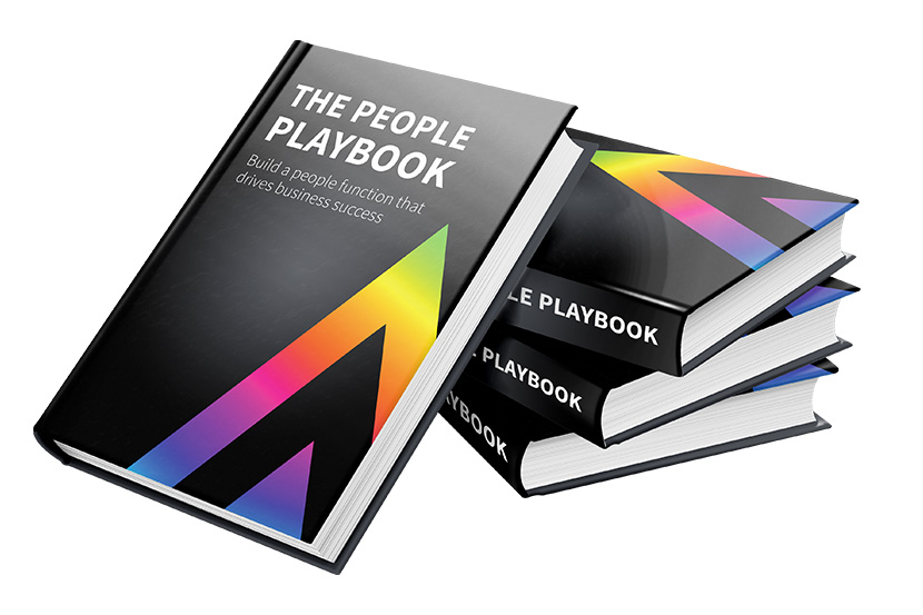 Stack of black books with rainbow arrows titled The People Playbook