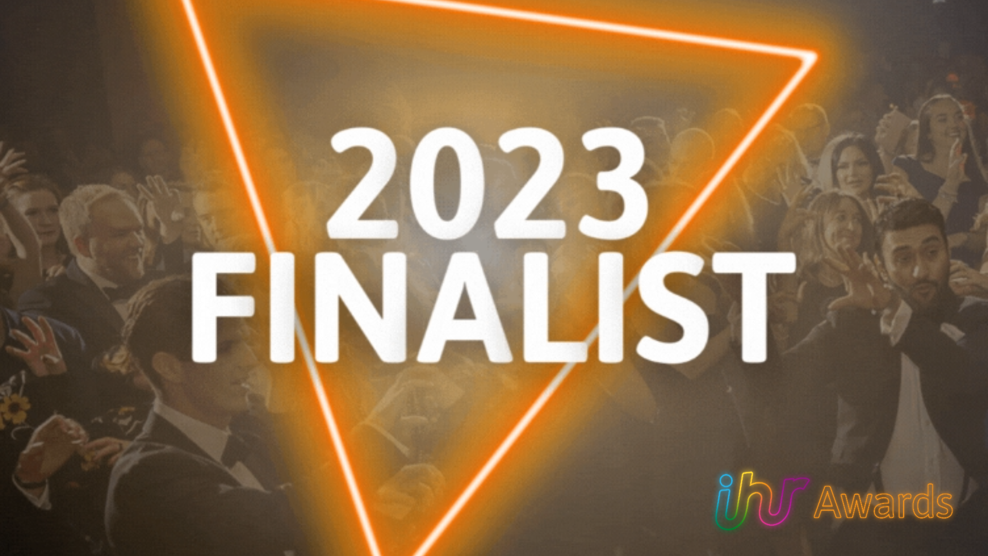 Crowd celebrating overlaid with orange triangle and text-2023 Finalist