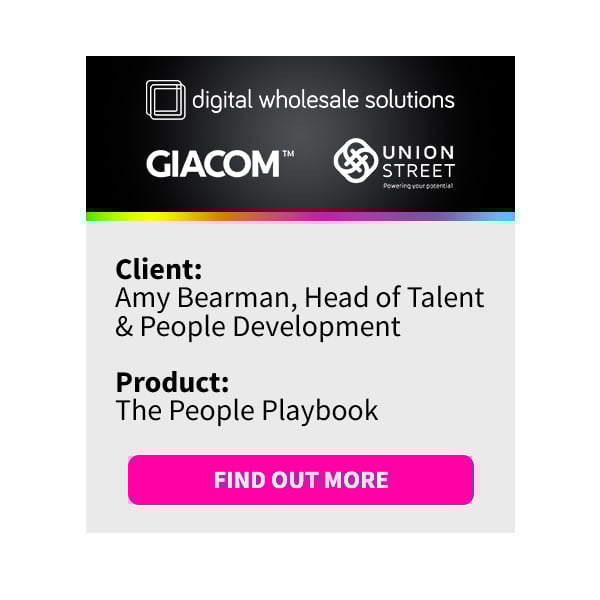 Digital Wholesale Solutions, Giacom and Union Street logos. Text: Client- Amy Bearman, Head of Talent and People Development Product: The People Playbook