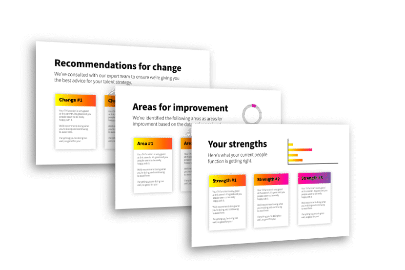 Three thumbnails showing example analysis of strengths, area for improvement and recommendation for change as offered by TA diagnostic